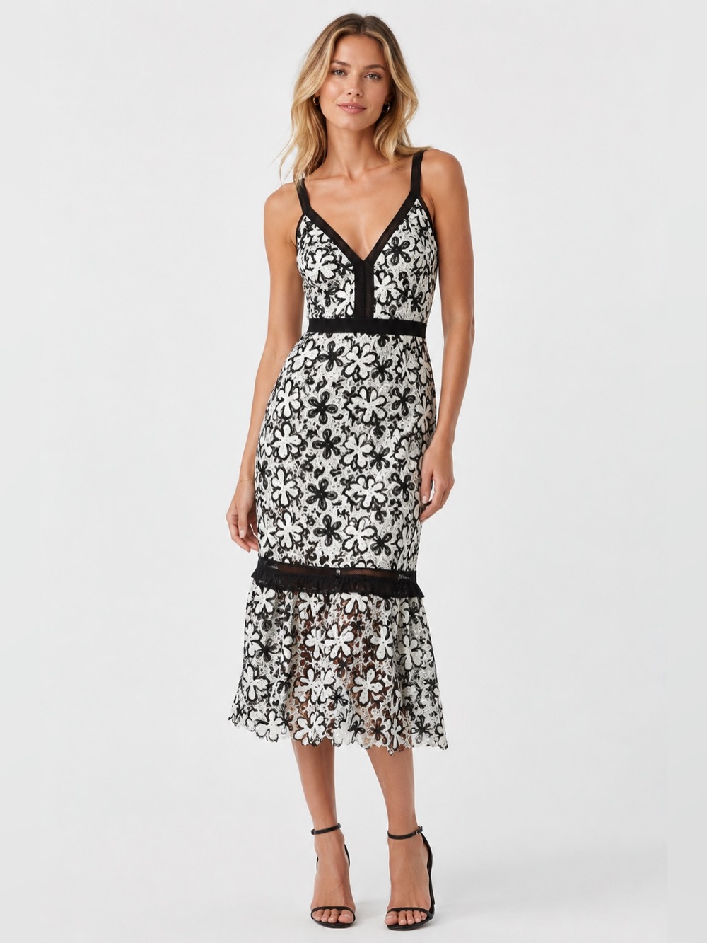 Self Portrait Floral Crochet Guipure Lace Overlay Midi Dress Black White small